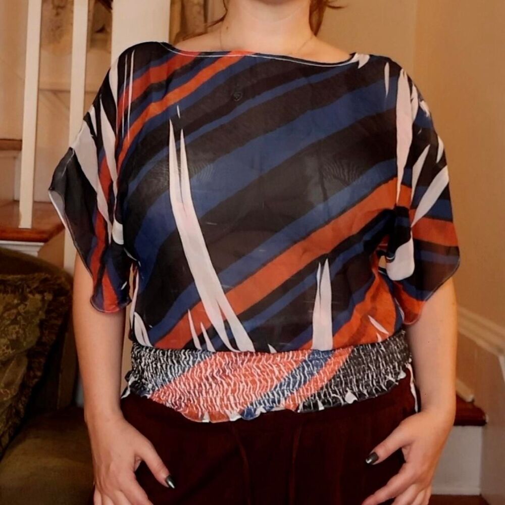 Body Central Sheer Orange Blue Black Screen Printed Top Small 2009 Jersey Shore